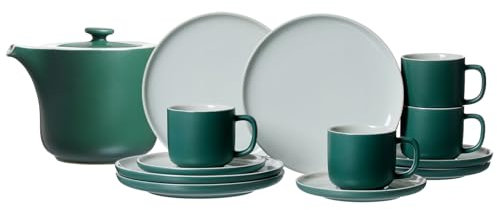 Ritzenhoff & Breker Jasper Service à café avec théière, 13 pièces, vert, en grès, assiettes, tasses, soucoupes et théière pour 4 personnes
