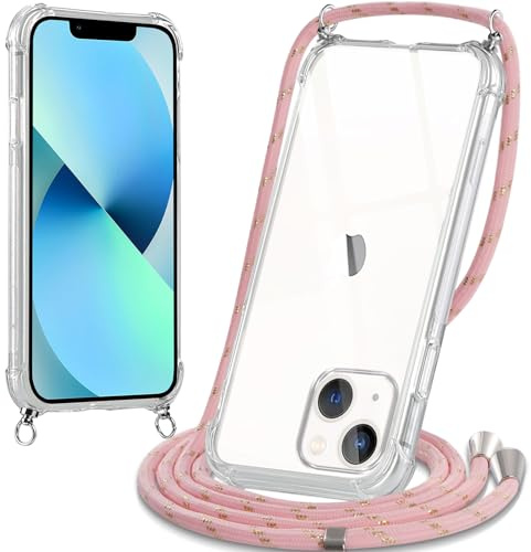 Oelrstfe Cover con Cordino per iPhone 13 mini, Trasparente Silicone Custodia con Regolabile Collana Laccio Tracolla, Antigraffio Proteggere Case Corda per iPhone 13mini, Rosa
