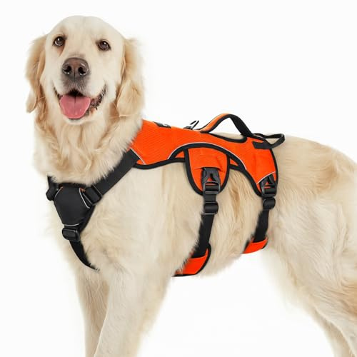 rabbitgoo Hundegeschirr Grosse Hunde，Sicherheitsgeschirr Hund | Sicherer Hebegriff, einfache Kontrolle, Anti-Zug, verstellbar, Reflektierend, für Gassi & Training, L, Orange