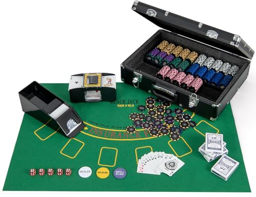 DREAMADE Pokerkoffer mit 600 Laser Poker Chips/ 6 Pokerkarten Set/Kartenmischer/Kartengeber/Spielmatte/ 5 Würfel/ 3 Dealer-Buttons, Poker Komplett Set Pokerset Profi Texas Hold'em (600 Chips)