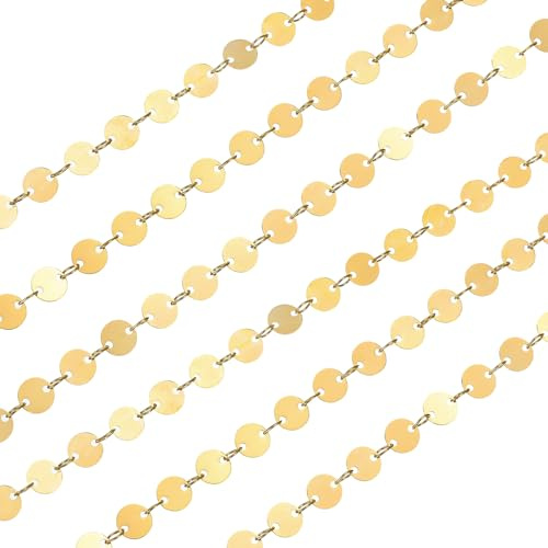 sourcing map Sequin Link Chain, 6mm x 2 Meters Light Gold Plated Flat Round Link Chains Necklace Chains Bulk for Jewelry Making, DIY Bracelet, Necklace, Clothes Decoration