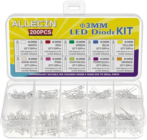 ALLECIN 10 Farben 3MM Leuchtdioden LED Diode Leuchtdiode Set Rot Blau Grün Gelb Weiß Warmweiß Orange Rosa Lila Chartreuse Led Dioden 2 Pin Transparenter Rundkopf Led-dioden Kit (20 Stück pro Farbe)