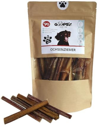 GOOPSI Ochsenziemer für Hunde, getrocknet, 250g, ca. 9-11 Ziemer, 15 cm lang - Hunde Kauartikel für Zahnpflege und Beschäftigung - Premiumqualität mit Tierschutzspende