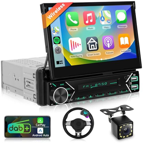 DAB/DAB+ Single Din Car Stereo with Apple Carplay Android Auto, Podofo 7 inch Motorized Flip Out Touch Screen Bluetooth Radio with Mirror Link/FM/SWC/Backup Camera/External Mic/2 USB+Type-C Ports