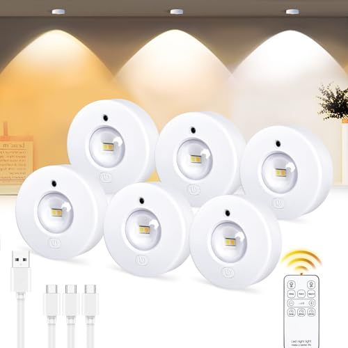 Unterbauleuchte Küche LED Schrankbeleuchtung USB Aufladbar Vitrinenbeleuchtung mit Touch und Fernbedienung, LED Spot Akku Mini Kabellos Dimmbar mit 3 Farbtemperaturen Timer Magnetisch Rund, 6 Pack