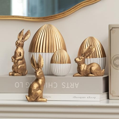 DN DECONATION 6PCS Easter Decorations with 3 Rabbits and 3 Gold Easter Eggs, Small Easter Bunny Figurines, Spring Table Centerpiece Decor Rabbit Statues, Indoor Bunny Decor, Vintage Home Decor