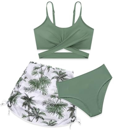 Miyanuby Girls Swimsuits 3Piece Bathing Suit Criss Cross Adjustable Strpas Bikini Set with Beach Cover Up Skirt for 9-16Y