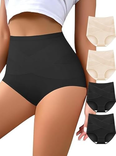 QUASTI Women's High Waisted Underwear Tummy Control Cotton Panties Full Coverage Postpartum Briefs 4 Pack(L)