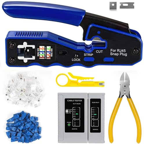 Greluma rj45 kit de sertissage passe - partout et cat6 cat6a outil de sertissage cat5 cat5e avec 20 connecteurs passe - partout rj45 cat6,20 couvercles,1 testeur de câble réseau,1 dénudeur,1 coupeur