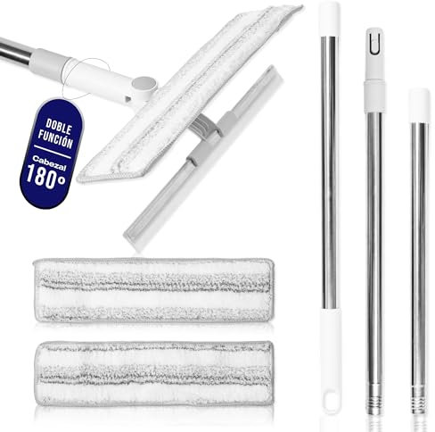 INNOOVEE Limpiacristales Telescópico 2 en 1, Mango Extensible 136 cm, Cabezal 180°, Goma de Silicona y Microfibra Reutilizable, para Ventanas, Azulejos, Espejos, Baño y Coche, Incluye Gancho