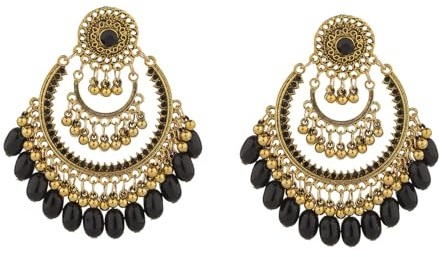 Vintage Boho Ball Tassel Stud Dangling Jhumka Earrings, Oversize Antique Gold Plated Chandelier Beaded Dangle – Hypoallergenic Rhinestone Ethnic Jewellery Gift for Women & Girls (Black)