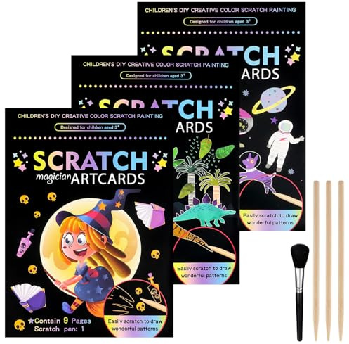 3 Set Kratzbilder für Kinder 18,5 * 13,5 cm Magische Regenbogen Kratzpapier Kratzbuch Magic Scratch Book Kratzpapier Set mit Buntem Farbverlauf und Kratzstift,Magie-Serie,Dinosaurier,Weltraum