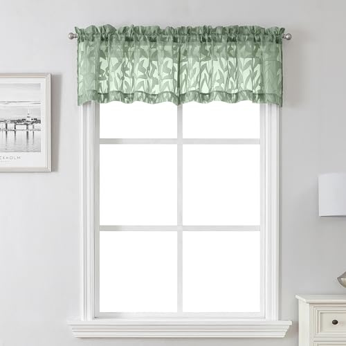 Lecloud Leia Sage Green Sheer Valances for Windows 14 Inch Length 2 Pcs, Jacquard Leaf Textured Cafe Kitchen Short Curtains with Dual Rod Pockets, Small Curtain for Living Room Bedroom, 28 W x 14 L