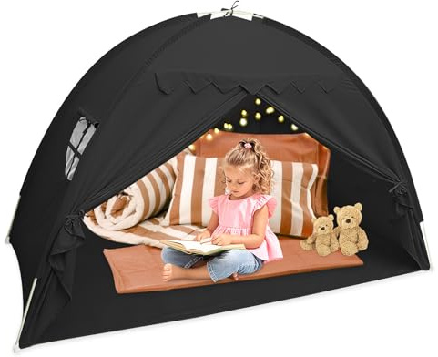 KEGAJEGA Kinder Bettzelt 196x98x125cm Kinderzelt mit Fenstern Bett Baldachin Zelt Vielseitig Blackout Schlafzelt Robust Groß Spielzelt Kinder(schwarz)