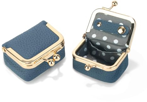 Nefokfdus Genuine Leather Mini Jewelry Box Coin Purse for Women,Solid Color Kiss Lock Jewelry Case Organizer,Mini Travel Ring Box, Blue, Small