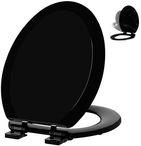 Angol Shiold Quiet-Close Molded Wood Toilet Seat with Non-Slip Adjustable Hinges, Anti-Pinch Bumpers, Easy Install & Clean（Black, Elongated 18.5''）