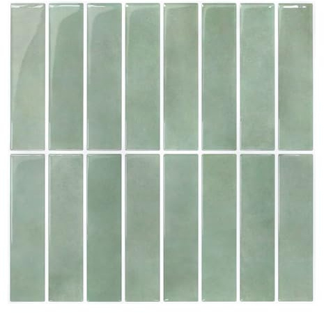 Commomy 3D Peel and Stick Wall Tiles,10 Pcs 12 x 12Sea Mist Green | Vertical Stick on Tiles for DIY Interior Wall Decor,Waterproof Splashback,Easy to Install,Glossy Surface (Covers 10 sq.ft)