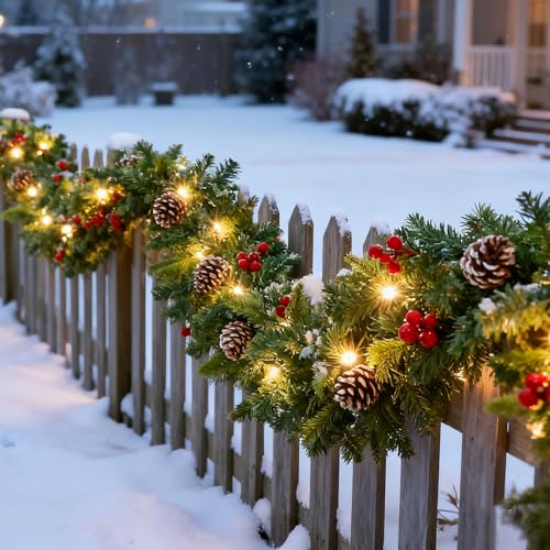 Eldzenith Tannengirlande mit Beleuchtung 5m 100 LEDs, Weihnachtsgirlande Aussen, Girlande Weihnachten mit Tannenzapfen Rote Beere, 8 Lichtmodi, Weihnachtsdeko Girlande für Treppen Kamin (PE-Zweige)