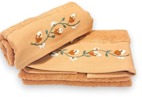 Vico Casa® Set asciugamani bagno 1+1 Asciugamano viso 55x100cm, asciugamano bidet ospite 40x60cm / In 100% cotone, certificato OEKO-TEX/MARION ARANCIONE disegno floreale