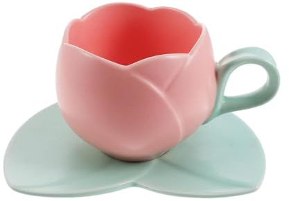 Tulip Mug Cute Beautiful Shaped Ceramic Coffee with Spoon and Coaster Multipurpose Tea Cup Decoration Flower Pot Gift for Women