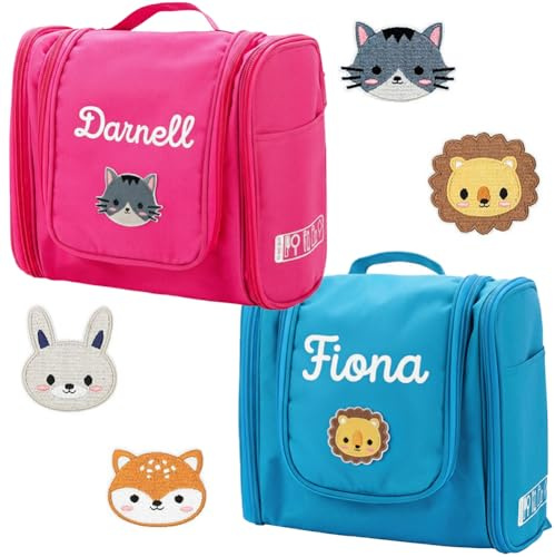Trousse de Toilette Suspendue personnalisée avec prénom et Miroir pour Enfants - Sac de Toilette de Voyage Motif Animaux Personnalisable pour Filles et garçons - Trousses de Toilette avec nom