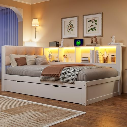 NovaFurnish Daybett, Tagesbett, Schlafsofa, 90x200cm, Einzelbett(Ohne Matratze), mit Schubladen, mit dimmbarer LED-Leiste, mit praktischem Regal, mit USB-Anschluss, Kiefernholz, Weiß