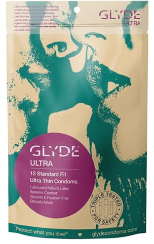 GLYDE Ultra - Standard Fit Condoms - 12 Count - Ultra-Thin, Vegan Medium Size Natural Rubber Latex, 53mm for Silky Fit