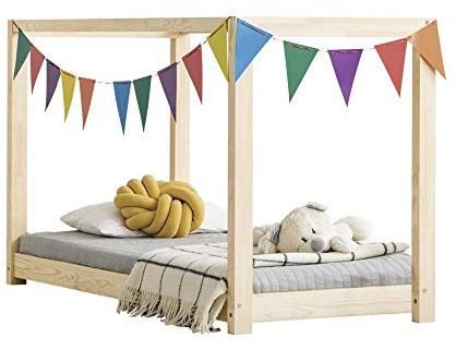 Selsey DALIDDA – Kinderbett Himmelbett mit Lattenrost Kiefernholz skandinavisch naturbelassen, 90x200 cm