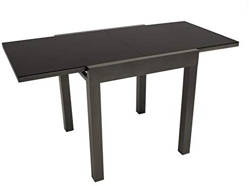 DEGAMO Balkontisch ELBA aus Aluminium anthrazit und Glas schwarz 70x70cm, ausziehbar auf 140cm, Höhe 75cm, wetterfest