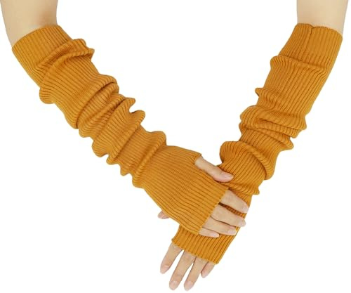 Farlenoyar Fingerlose Kaschmir-Handschuhe mit langen Armen für Damen, gemütlich, weiche Armstulpen, Gold, Einheitsgröße