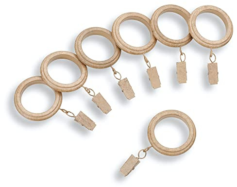 MODE Farmhouse Collection Beveled Curtain Clip Rings, Set of 14 Curtain Rings with Clips, Fits MODE Farmhouse Curtain Rod Sets, 1 3/4”, Weathered Oak