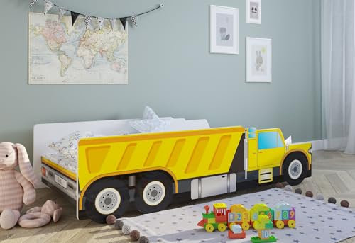 Kids Collective Autobett Kinderbett Jugendbett 70x140 | 80x160 mit Rausfallschutz Matratze optional | Baustelle Bagger Kran Kipplader Kinder Spielbett | von Geburt bis 6. Lebensjahr