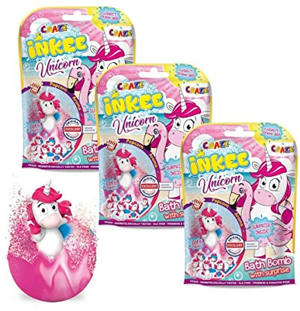 INKEE UNICORN BEACH | 3er Set Einhorn Badekugeln mit Überraschung, 3x kinder Badebomben mit Einhornfigur, Pop Corn Aroma, 3er Pack