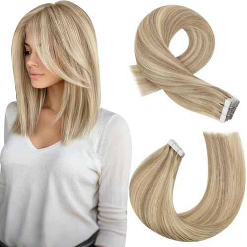 Moresoo Tape in Extensions Echthaar Blond Haarverlängerung Echthaar Tape Goldblond mit Mittelblond Remy Echthaar Extensions Tape Klebe Extensions Echthaar 30 cm 20 Stück 30G #16/22