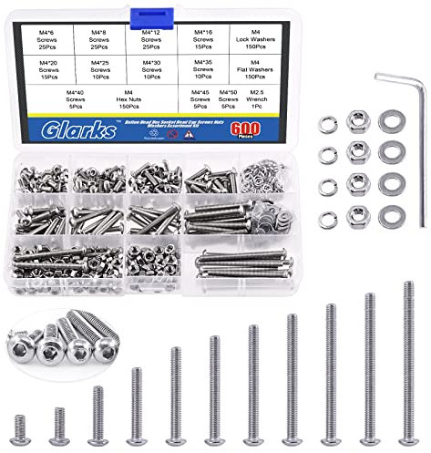 Glarks 601 Stück M4 Halbrundschrauben, 304 Edelstahl, Innensechskantschrauben, Schrauben und Muttern, Unterlegscheiben, Sortimentskit mit Sechskantschlüssel für Maschinen, Möbel, Autoreparatur