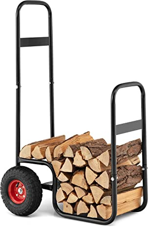 Goplus Firewood Cart with Wheels, Outdoor Indoor Rolling Fire Wood Log Cart with Pneumatic Rubber Tiers, 220 LBS Load Capacity Heavy Duty Steel Wood Storage Hauler, Log Holder Rack for Fireplace