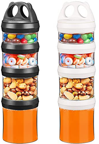 BeneLabel Snackdose Stapelbar, 2er Snackbox mit 4 Fächern Deckel Kinder Snackturm Behälter Aufbewahrungsbox 917ml Artikel Spender für Unterwegs Arbeit, Auslaufsicher & BPA Frei, Weiß/Schwarz