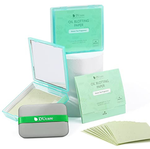 DUcare - Hojas secantes de aceite para cara, 100 unidades, papel secante de té verde para piel grasa con estuche de espejo portátil y esponja de maquillaje, hojas absorbentes de aceite para cara