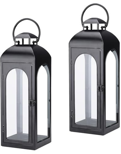Bdor 2 Pack Luxury Black Metal Lanterns – 16 Tall Modern Hurricane Candle Lanterns with Tempered Glass Panels for Front Porch, Tabletop, Mantel, Wall Hanging, Garden, Indoor & Outdoor Décor