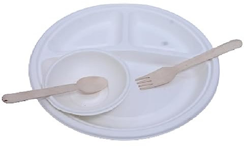 V4L Plato redondo de 3 cp, 25 cuencos y 50 cucharas de madera, 50 tenedores para fiestas, cumpleaños, picnics y eventos