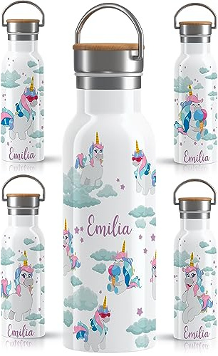 OWLBOOK Einhornbande personalisiert Kinder Einhorn Mädchen Edelstahl mit Strohhalm - Thermosflasche 600 ml BPA frei Auslaufsicher - Kindertrinkflasche für Schule Kindergarten Sport & Outdoor
