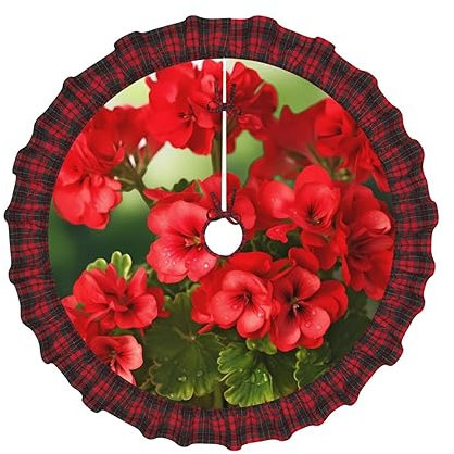 Red Geranien Print Christmas Tree Skirt Xmas Tree Ornaments Rustic Tree Skirt Farmhouse Christmas Tree Mat for Holiday New Year Party Decor