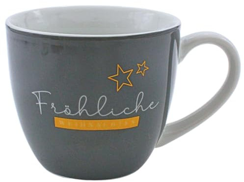 Weihnachts - Maxi - Kaffeebecher - Tasse aus Porzellan, grau mit goldenen Sternen und Aufschrift: Fröhliche Weihnachten, Größe H/Ø: 9,2 x 10,5 cm, Fassungsvermögen 400 ml, Spülmaschinengeeignet.