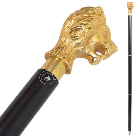 Aasiya Nautical Golden Lion Head Walking Cane – Handmade Aluminum & Natural Wood Stick for Men & Women – Antique Style Designer Walking Stick – 36 Vintage Gift for Gentlemen & Collectors