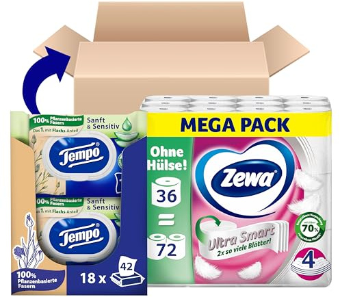 Bundle Zewa Ultra Smart Toilettenpapier Großpackung, 36 Rollen á 280 Blatt, Riesenrolle, 4-lagig+ Tempo Toilettenpapier, feucht, sanftundsensitiv Trio-Pack (18 Packungen x je 42 Blatt), Großpackung