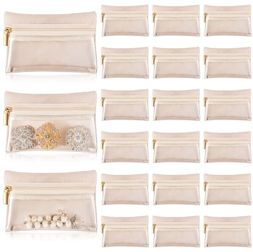 Uiifan 24 Pcs Travel Jewelry Bag Flannel Jewelry Pouch Portable Jewelry Organizer for Jewelry Zipper Pocket, beige and clear