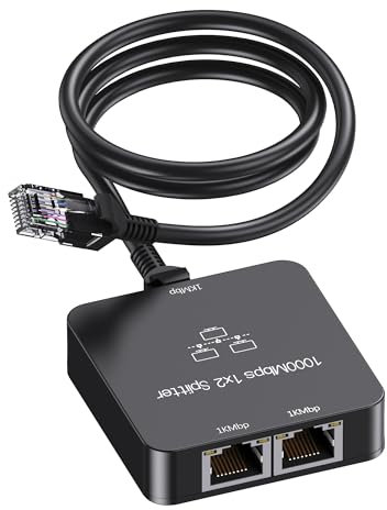 Uzifhdhi Splitter Ethernet da 1 a 2 con cavo Ethernet, adattatore sdoppiatore Internet Gigabit RJ45, 1000 Mbps, ad alta velocità, per cavo Cat 5/5e/6/7/8, nero