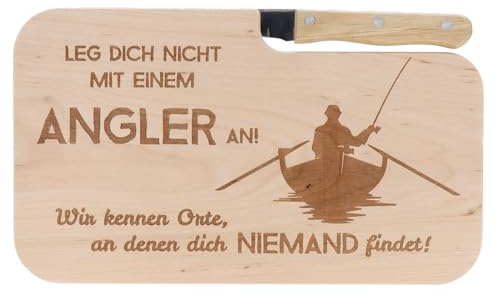 Spruchreif | Brotzeitbrett mit Messer Leg dich nicht mit einem Angler an... – Graviertes Holzbrett mit Angel-Motiv | Witziges Geschenk für Angler & Fischliebhaber