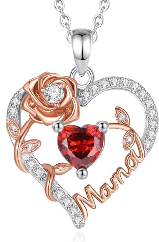 EUDORA Harmony Ball Heart Mama Collier pour Femme en Argent Sterling S925, Collier Maman Roses avec Pendentif cœur Grenat, Bijoux pour Maman Cadeaux de Fête des Mères, 45,7 cm + 50,8 cm