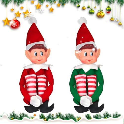 ZZQVIP Elfos de Navidad 2 Piezas - 45cm Elfo de Navidad Travieso Rojo y Verde, Muñecos Duendes Navideños de Tela y Cabeza de Vinilo, Decoración de Navidad para Hogar, Mesa, Chimenea o Árbol